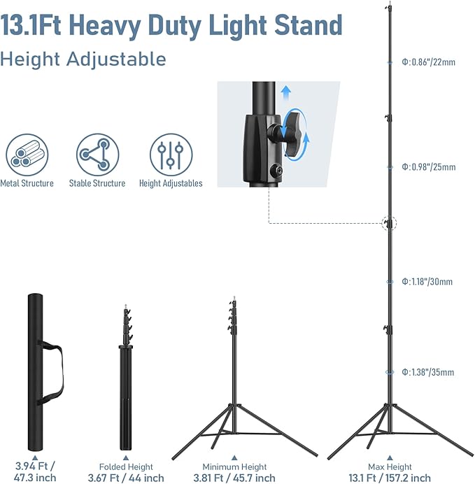 13.1' Heavy Duty Light Stand Photography, Sdfghj 157.2in/4m Adjustable Metal Professional Sky High Tripod with Air Cushioned with 1/4"& 3/8" Screw Adapter Compatible with Most DSLR Cameras