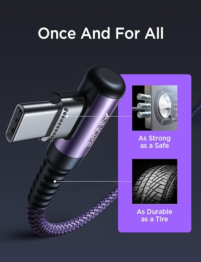 AINOPE USB C Cable 60W 2-Pack 6.6ft Nylon Braided USB C to USB C Cable Type C Charger Fast Charging Right Angle USBC Cable Charger Cord for iPhone 16 Pro Max 15 Plus Samsung S24 S23 iPad Pro Purple