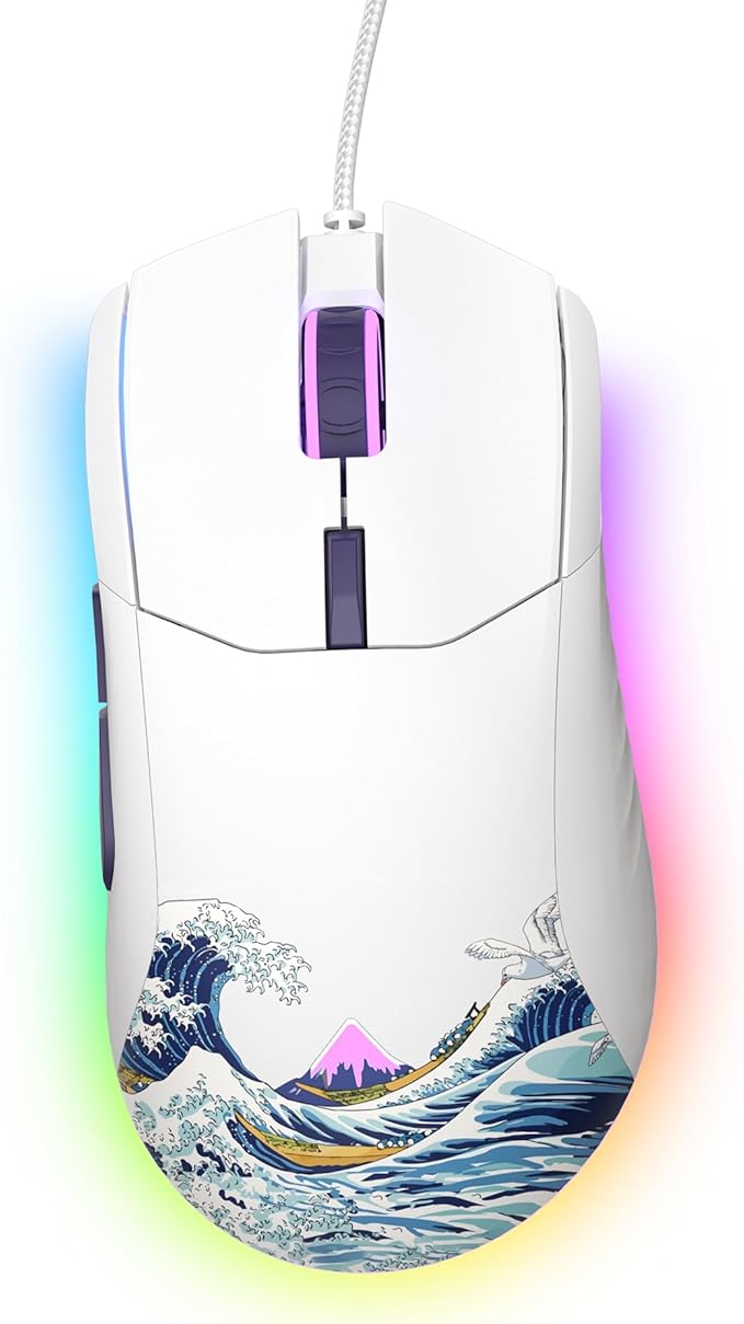 Womier Wired Gaming Mouse, White RGB Anime Mouse w/Ergonomic Computer 12000DPI/6 Programmable Buttons Programmable Buttons for Laptop PC Mac Windows-G705 V2 Kanagawa