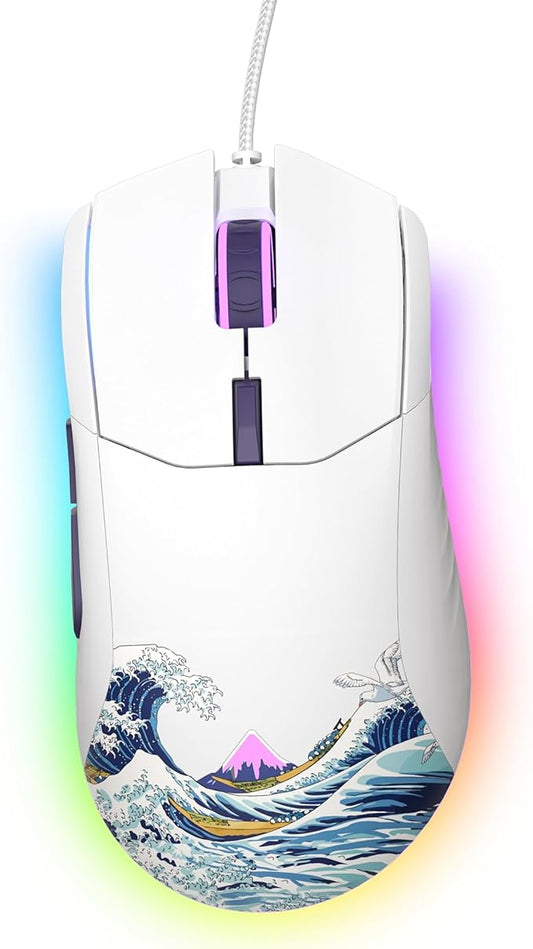 Womier Wired Gaming Mouse, White RGB Anime Mouse w/Ergonomic Computer 12000DPI/6 Programmable Buttons Programmable Buttons for Laptop PC Mac Windows-G705 V2 Kanagawa