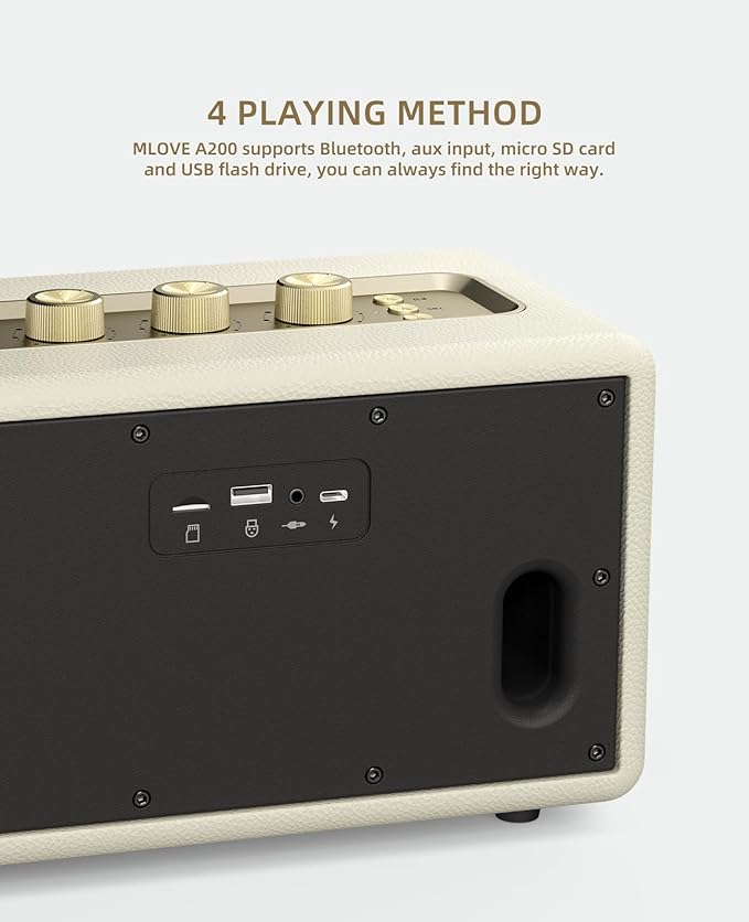 MLOVE A200 Portable Retro Bluetooth Speaker with Aux Input, USB Port, Micro SD Card Slot - Decorative Wireless Bookshelf Speakers for Home & Office, Battery Powered, White and Gold