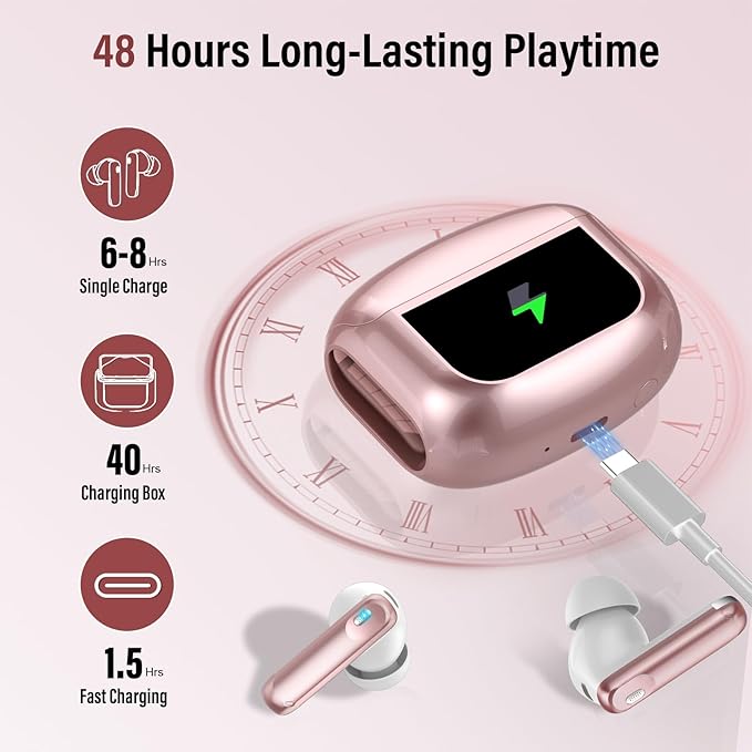 Wireless Earbuds, Bluetooth 5.4 Ear Buds with Multifunctional Touch Screen, 48H Bass Stereo Headphones with ANC/ENC Noise Cancelling/Transparency Mode, IPX7 Earphones with 5 EQ Modes, Rose