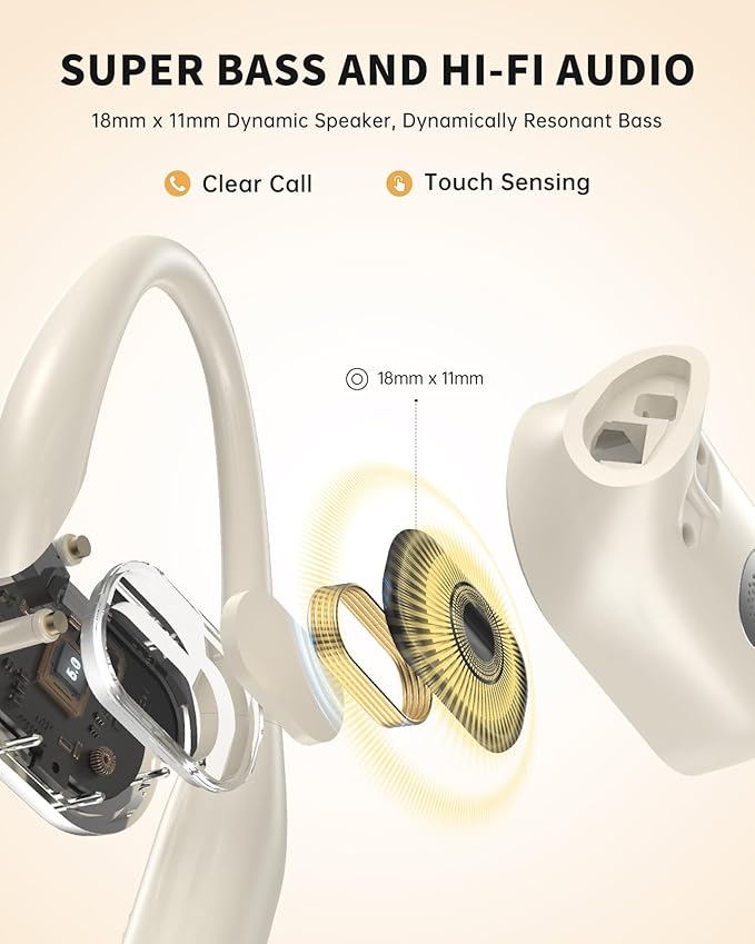 Open-Ear Headphones, Over Ear Earbuds with Ear Hooks, True Wireless Bluetooth Earphones with Microphone, Touch Control, Clear Calls, 60H Playtime, IPX7 Waterproof for Running and Workouts