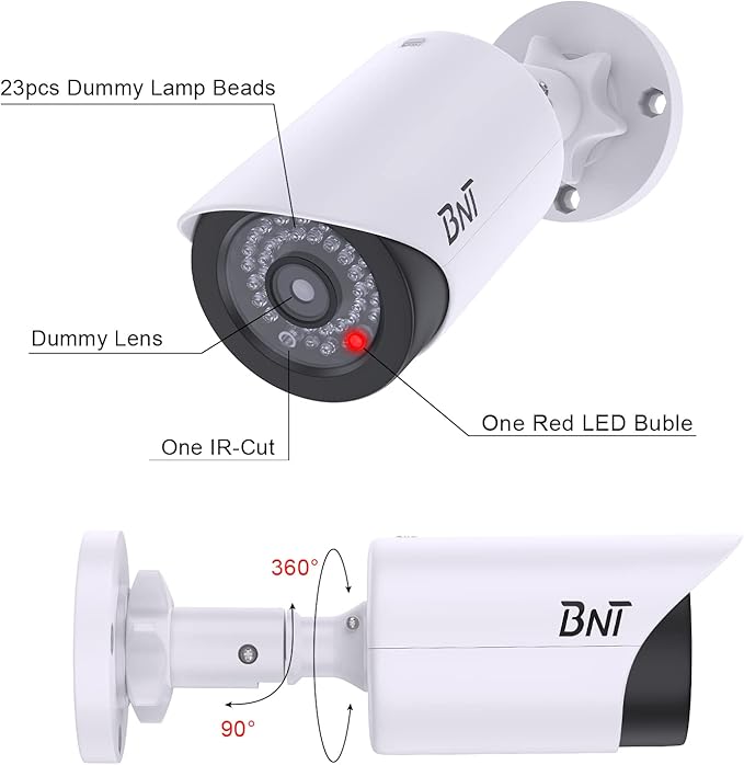 BNT Dummy Fake Security Camera, with One Red LED Light at Night, for Home and Businesses Security Indoor/Outdoor (4 Pack, White)
