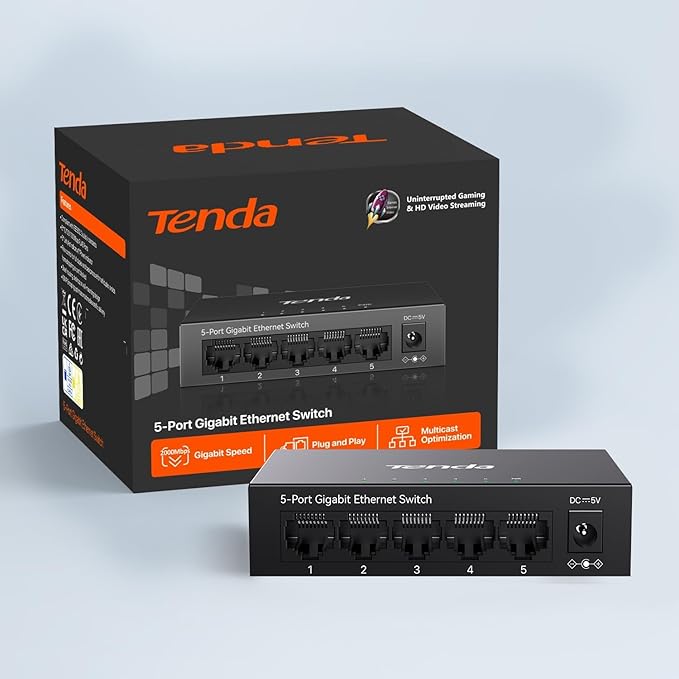 Tenda TEG1005D 5 Port Gigabit Switch, Unmanaged Ethernet Switch, Network Splitter with Traffic Optimization, Plug & Play, Fanless Metal Design Network Switch, Traffic Optimization(Grey)