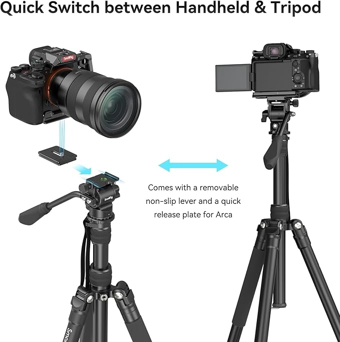 SmallRig CT180 Video Tripod, 72" Camera Tripod Monopod with Fluid Head, Aluminum Camera Tripod, 360° Panorama Fluid Head for Travel, Video, Live Streaming, Vlogging- 3760B