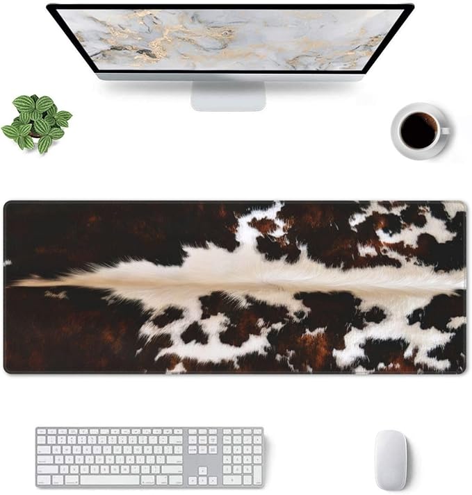 Gaming Mouse Pad, Large Non-Slip Rubber Base Mousepad, Keyboard Mouse Mat, Desk Pad with Stitched Edges, 31.5x11.8inch, Brown Cowhide