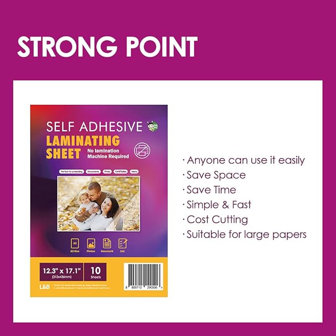 Self Adhesive Laminating Sheets 12.3x17.1 inch, 10 Pack, 4mil Thickness, No Heat, No Machine Laminating Sheets Self Sealing by HA SHI