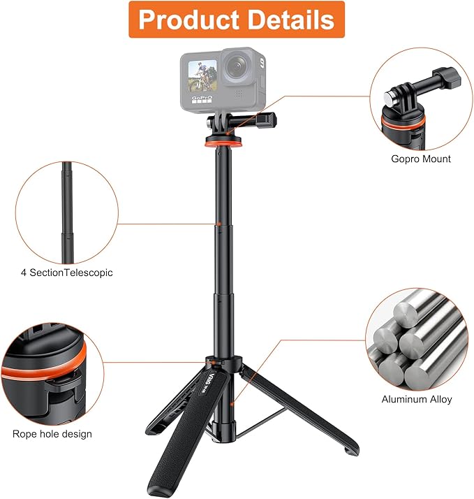 VRIG 20.1" Mini Extendable Gopro Tripod,Portable Selfie Stick Tripod for DJI OSMO Action 5Pro/4/3,GoPro Max Hero 13 12 11 10 9 8 7 6 5 4 3 3+ 2 1 Session,Insta360 X5/X4