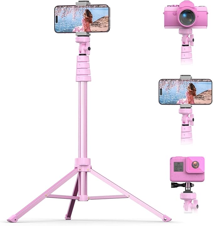 UBeesize 62" Phone Tripod & Selfie Stick, Camera Tripod Stand with Wireless Remote and Phone Holder,Compatible with iPhone Android Phone, Perfect for Selfies/Video Recording/Live Streaming Pink