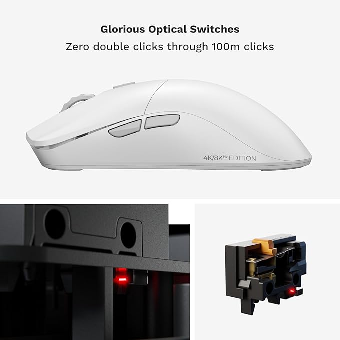 Glorious Gaming Model O 2 PRO 4K/8K White Wireless Gaming Mouse - 2.4GHz Wireless 1ms delay, 4K/8K Polling, 100M clicks, 59g Ultralight, Long Battery Life, 26K DPI BAMF 2.0 Sensor, 6 Buttons