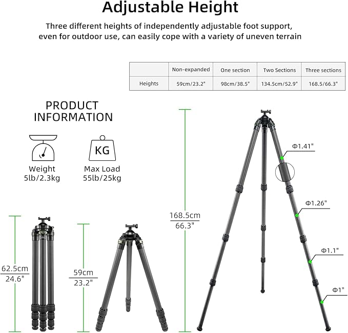 FANAUE Carbon Fiber Tripod 360 Degree Ball Head, Quick-Release Arca-Swiss Mount System, Adjustable Legs, Shooting Rest, and Hands-Free Operation for Hunting, Shooting, and Outdoors