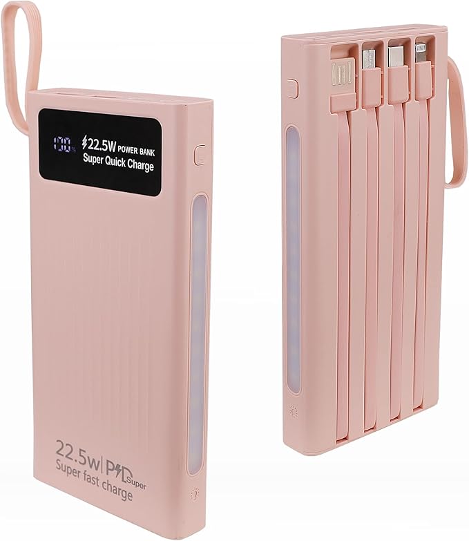 Portable Charger with Built in Cables,10000mAh Power Bank with LED Lamp Fast Charging 3.0 USB C External Battery Pack Phone Charger with LED Display for iPhone, Samsung and Cell Phones (Pink)