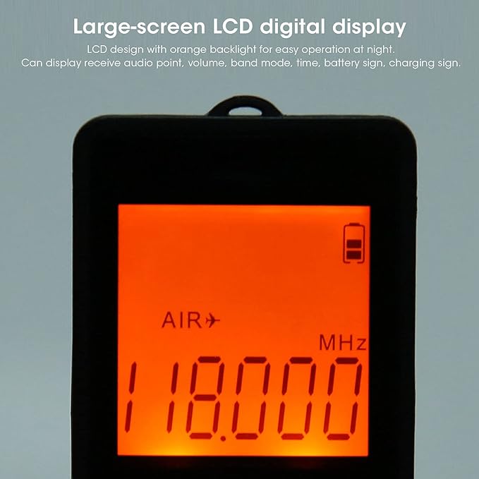 Aircraft Band Radio Receiver, Hand-held AM FM Portable FM/AM/AIR Band Radio with Backlit LCD Display, Earphone and Sleep Timer, Built‑in 400mAh Lithium Battery