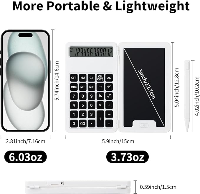 Desk Portable Basic Calculator with Notepad and Stylus, 12 Digit Large Display Multi-Function for Office, School, Home & Basic Financial (White)