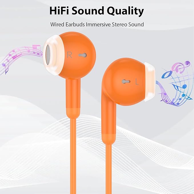 USB C Earbuds USB Type-C Headphones for iPad 10th Generation iPhone 17 16 Pro 15 Plus Galaxy S21 Wired Headphone Earphones with Microphone Volume Control Noise Isolating HiFi Stereo Headset Orange