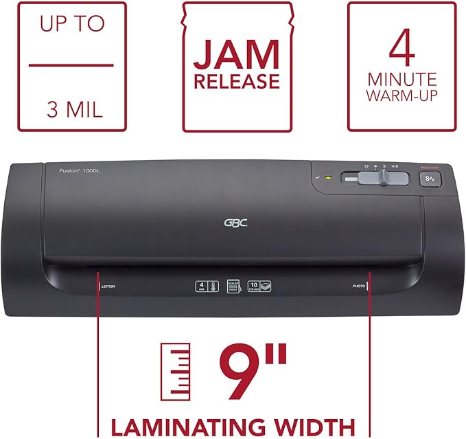 GBC Thermal Laminator Machine, Fusion 1000L, 9 Inch, 4 Min Warm-up, 3 or 5 Mil, with 10 EZUse Laminating Pouches for Home, Office and Classroom, Black (1703072)