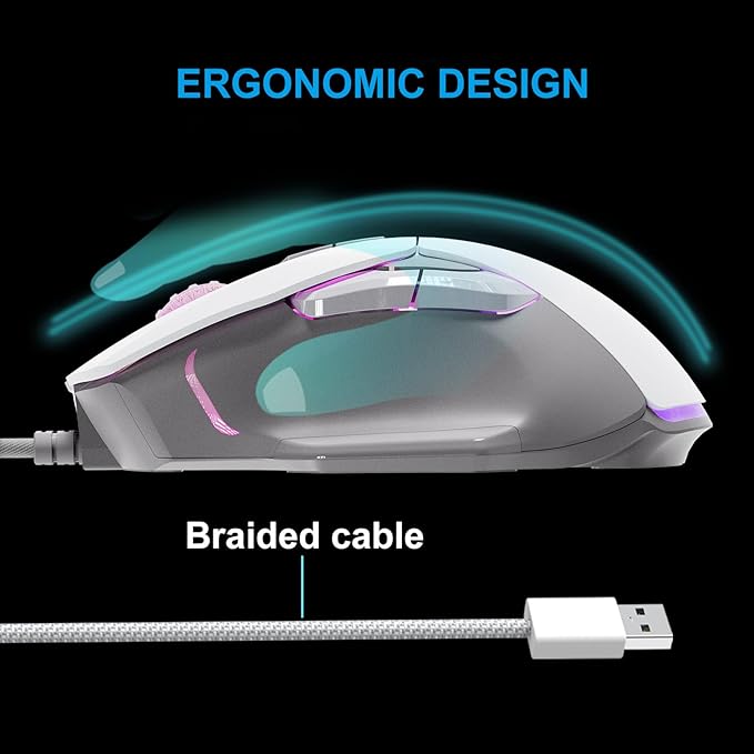 BM-88 Wired Gaming Mouse, 7200 DPI, Musicsync RGB Backlit, 7 Programmable Buttons with 13 Lighting Effects, Braided Cable - White