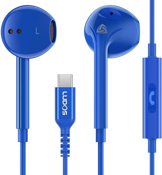 LUDOS Zenith USB C Headphones for iPhone 17 16 15 Pro Max Plus Air iPad Pro Air, 2 Years Warranty, USB-C Earbuds for Galaxy S24 S23 Ultra S22 S21 S20 A55 A54 A53, USB Type C Earphones - Blue