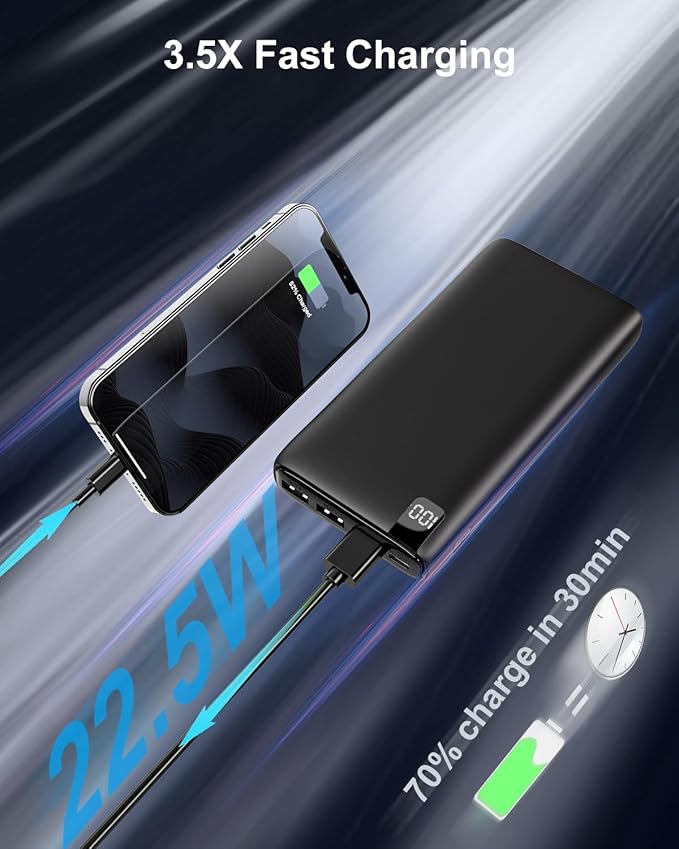 IXNINE Power Bank 26800mAh Portable Charger, 22.5W Fast Charging PD QC 3.0 Compact External Battery Pack with LED Display and 4 USB Outputs for Cellphone Tablet