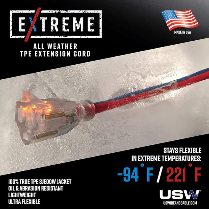 14/3 Gauge x 50-Foot Extreme Cold Weather Extension Cord – Heavy-Duty, 221°F to - 94°F Rating, Lighted Plug, Blue and Red, SJEOOW, Weather-Resistant, Ideal for Outdoor & Indoor Use