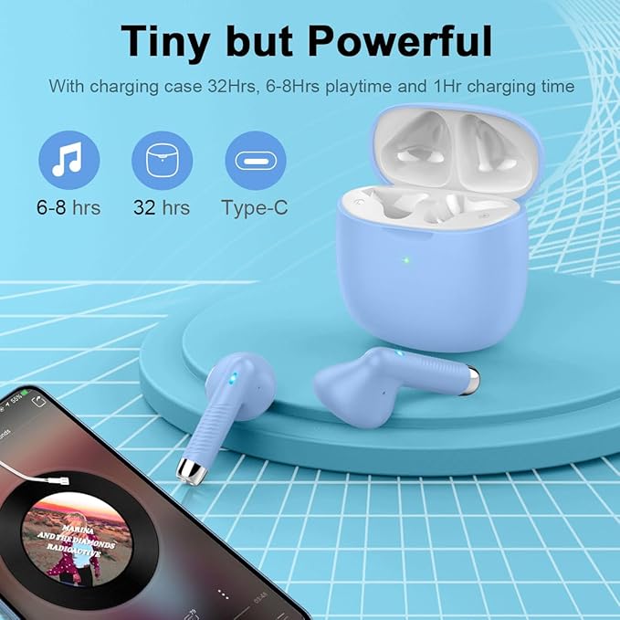 Wireless Earbuds, Bluetooth 5.4 Headphones in Ear with Noise Cancelling Mic, Bluetooth Earbuds Stereo Bass, IP7 Waterproof Sports Earphones, 32H Playtime USB C Charging Buds Light Blue for Android iOS