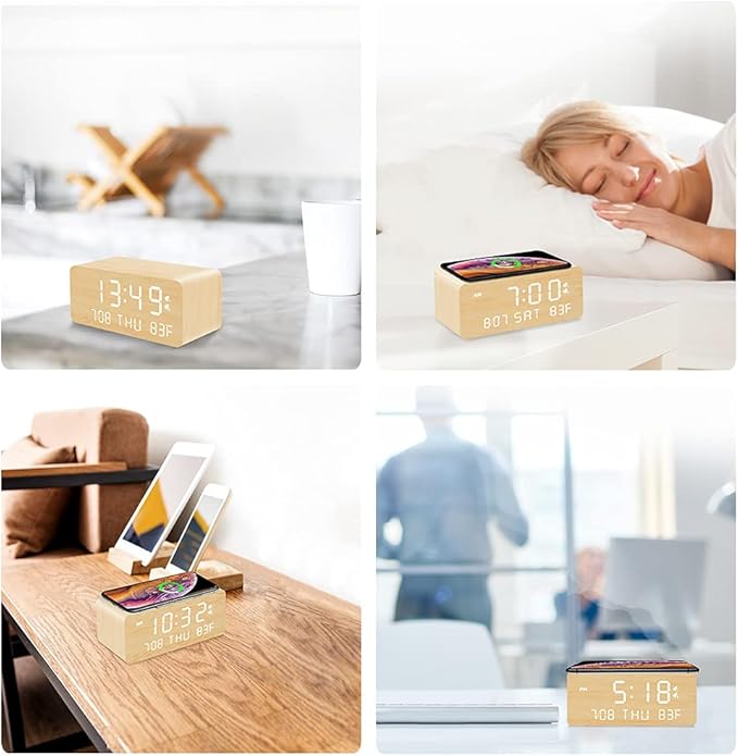 Andoolex Wooden Digital Alarm Clock with Wireless Charging, 0-100% Adjustable Brightness Dimmer and Alarm Volume, Weekday/Weekend Mode, Dual Alarm, Snooze, 12/24H, Wood LED Clock for Bedroom (Bamboo)