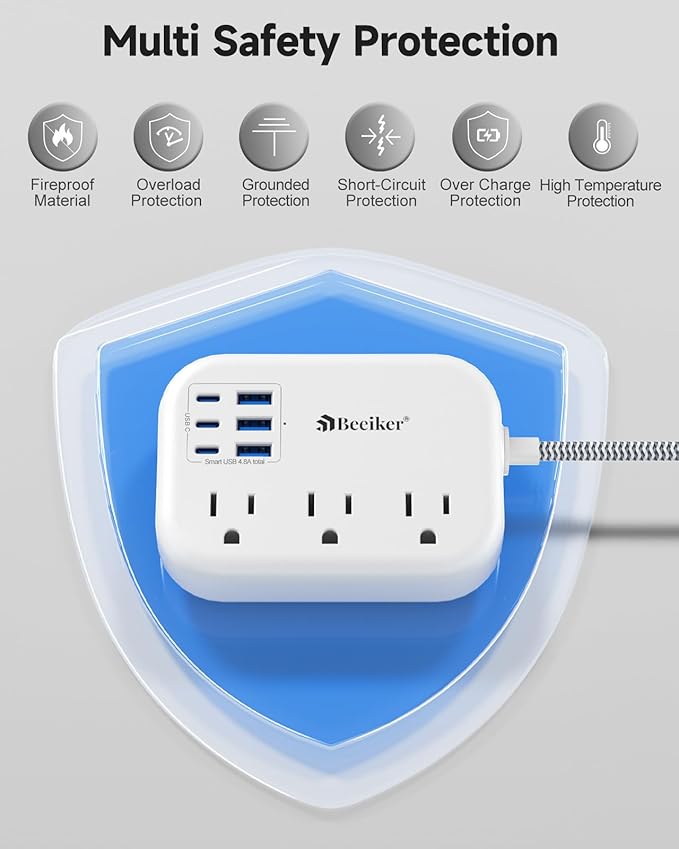 6 USB(3 USB C) Power Strip- Travel Power Strip with 6 USB Desktop Charging Station 24W/4.8A and 3 Outlets, 5Ft Flat Plug Braided Extension Cord, Non Surge Protector for Cruise Ship Travel Office Dorm