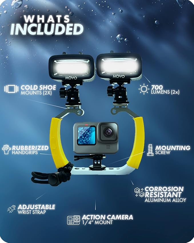 Movo DiveRig3 Diving Rig Bundle with 2 Waterproof LED Lights - Compatible with GoPro HERO3, HERO4, HERO5, HERO6, HERO7, HERO8, and DJI Osmo Action Cam - Scuba Accessories for Underwater Camera