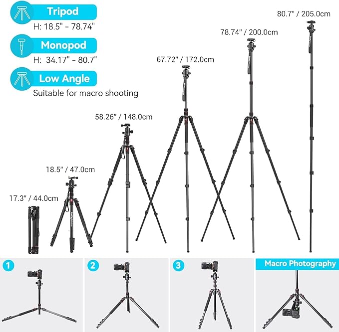SmallRig CT-20 Camera Tripod, 78.7" Foldable Aluminum Tripod & Monopod, 360°Ball Head Detachable, Payload 33lb (200cm/78.7")