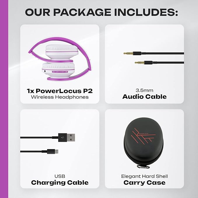 PowerLocus Bluetooth Over-Ear Headphones, Wireless Stereo Foldable Headphones Wireless and Wired Headsets with Built-in Mic, Micro SD/TF, FM for iPhone/Samsung/iPad/PC (White/Violet)