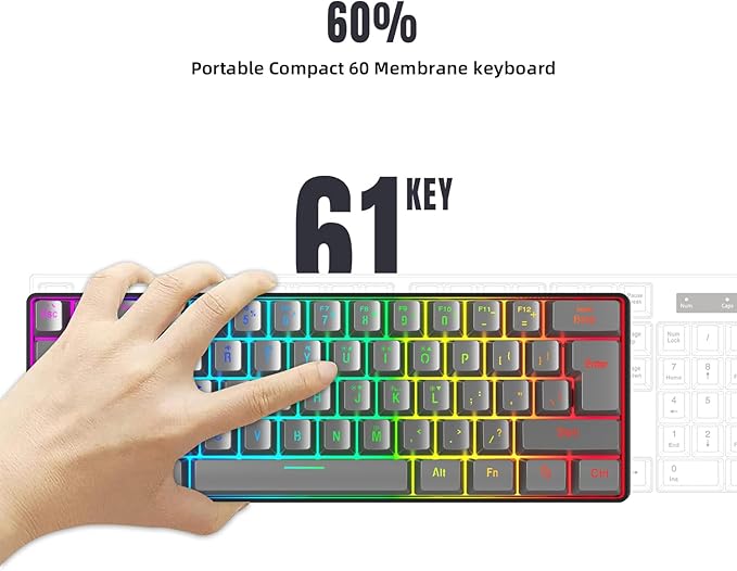 Snpurdiri 60% Wired Gaming Keyboard, RGB Backlit Ultra-Compact 61 Keys 60 Percent Mini Gaming Keyboard for PC/Mac Gamer, Typist, Travel, Easy to Carry on Business Trip(Iron Grey)