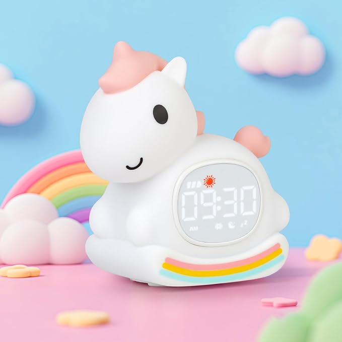 Alarm Clock with Night Light for Kids with Sleep Training and Sound Machine, Rechargeable Silicone Lamp OK to Wake Clock，Cute Animal Tabletop Lamp, Perfect Sleep Companion for Boys Girls,Pink Pony