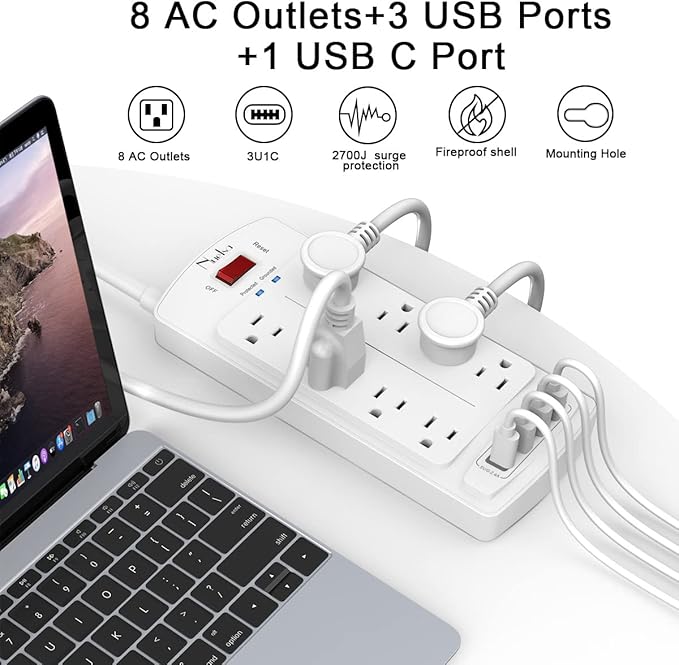 Surge Protector Power Strip - Nuetsa Flat Plug Extension Cord with 8 Outlets and 4 USB Ports, 10 Feet Power Cord (1625W/13A), 2700 Joules, ETL Listed, White
