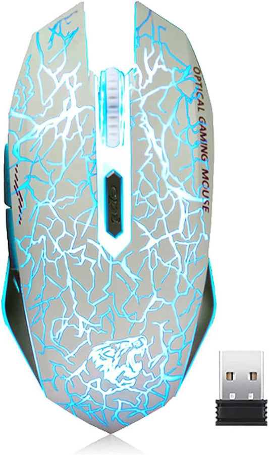 VEGCOO C10 Wireless Gaming Mouse, Rechargeable Gaming Mouse, Silent Optical Mice with 2.4G USB Receiver, 3 Ajustable DPI, 7 Colorful LED Lights for Gamer (White)