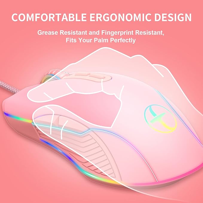 IULONEE Type C Mouse, Wired USB C Mice Gaming Mouse Ergonomic 4 RGB Backlight 3200 DPI Compatible with M@c, Matebook, Chromebook, HP OMEN, Windows PC, Laptop and More USB Type C Devices (Pink)