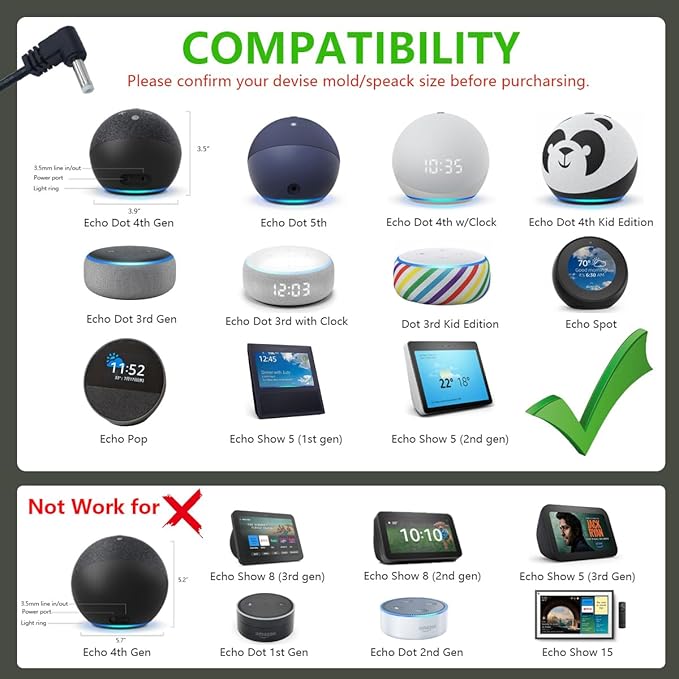 USB C to DC Charger Adapter for Echo Dot 3rd/4th Gen, Echo Dot 3rd/4th Gen with Clock Kids,Echo Spot (Black)