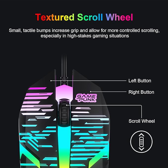GAME PUNK Wired Gaming Mouse, Ergonomic RGB Mouse with Colorful Lights, Plug-and-Play Design, Tangle-Free Cable, Textured Scroll Wheel, USB-A Tip, Compatible with PS5, Xbox Series X/S, PC, and Laptop