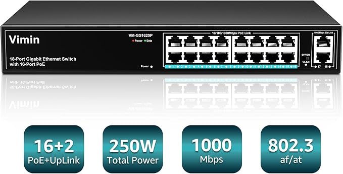 16 Port Gigabit PoE Switch with 2 Uplink Gigabit Ports, VIMIN 18 Port Unmanaged Ethernet PoE Switch with 250W Power, Support IEEE802.3af/at, VLAN, Metal Housing, 19 inch Rack-Mount, Plug & Play