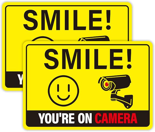 2PCS Smile Your On Camera Sign, Self-Adhesive Waterproof and Fade-Resistant Security Camera Sticker,You Are Being Recorded Sign for Home, Office, Shop, Door（7.7" x 5.3"）