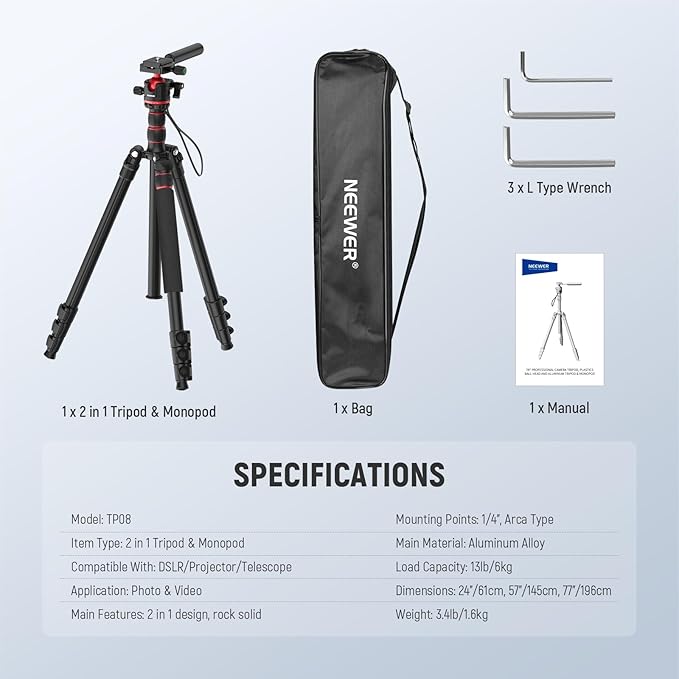 NEEWER Basics Camera Tripod Monopod, 77" Compact Lightweight Travel DSLR Video Stand, 360° Ball Head, Arca Type QR Plate, Reversible Legs & Inverted Central Axis, 13lb Max Load, TP08