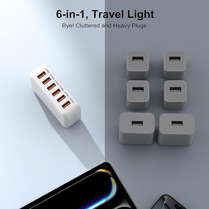 60W USB A Fast Charger Block, 6-Port Charging Station for Multiple Devices, Multi USB Wall Charger Power Strip Adapter Plug Cube Brick for iPad Pro iPhone 17 16 15 14 13 12 Pro Max Pixel Note Galaxy