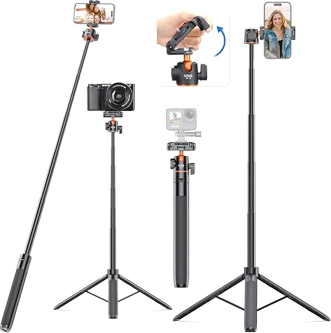 VRIG TP16 Camera Tripod, 55 inch Extendable Phone Selfie Stick Camera Tripod Stand with 2 in 1 Phone Clip, 5 Levels Adjustment 360° Ball Head Loads Up for Pocket 3 Insta360 X5 iPhone Sony Canon