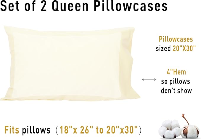 Sunflower Queen Pillowcases Set of 2, 100% Cotton Queen Size Pillow Cases 2, 20×30 inches Light Beige, Soft and Breathable
