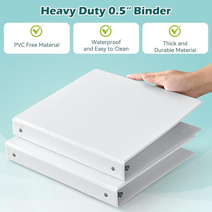 3 Ring Binder 0.5 Inch 12 Pack, 0.5" Clear View with Round Rings, PVC-Free,Holds for 100 Sheets 8.5" x 11" US Letter Size Paper, Durable White Binders Perfect for Office,School and Home