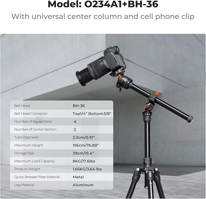 K&F Concept 76 inch Camera Tripod with Rotatable Multi-Angle Center Column,Lightweight Travel Outdoor DSLR Tripods with 360 Degree Ball Head Load Capacity 8kg/17.6lbs, Cellphone Clips for Smartphone