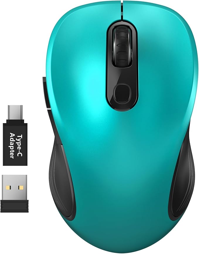 WisFox 2.4G Wireless Mouse for Laptop, Ergonomic Computer Mouse with USB Receiver and Type-C Adapter, 3 Adjustable Levels, 6 Button Cordless Wireless Mice for Windows Mac PC Notebook (Green)