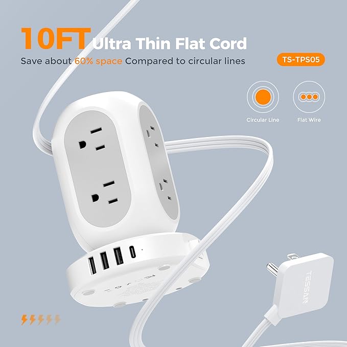 Surge Protector Power Strip Tower, TESSAN Flat Plug Extension Cord 10FT with 8 AC Outlets 4 USB Ports (1 USB C), 1050J Protection Charging Station for Home, Office Supplies, Dorm Room Essentials