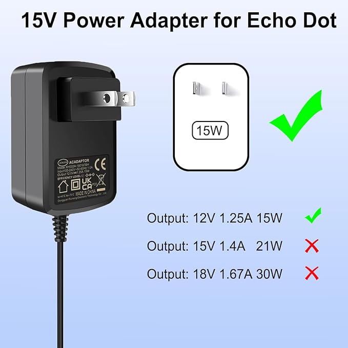 15W Power Adapter Compatible with Alexa Echo Pop, Echo Dot 5th Gen, Dot 4th Gen, Dot 3rd Gen, Echo Show 51st 2nd Gen,15W Power Cord