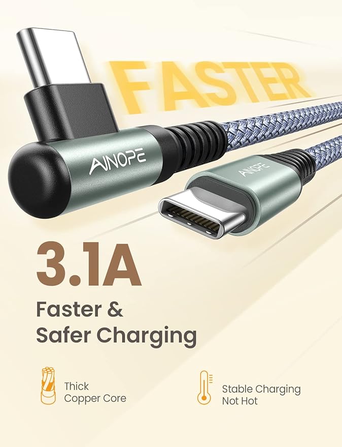 AINOPE USB C Cable to USB C 60W 3-Pack 3.3FT+6.6FT+10FT Nylon Braided Type C Charger Fast Charging Right Angle USBC to USBC Cable Charger Cord for iPhone 16 Pro Max 15 Samsung S25 Ultra S24 iPad Pro